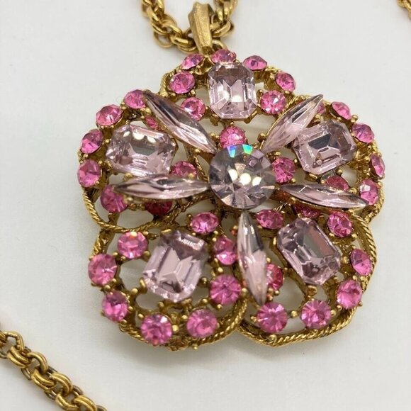 Vintage Pink Crystal Pendant Necklace With Gold Tone Double Rope Chain 30" - Picture 13 of 16
